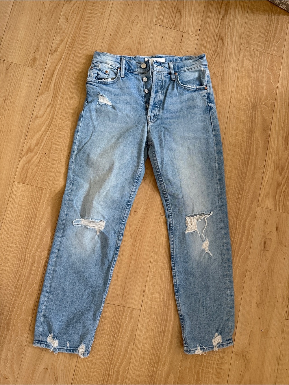 MOTHER Light Blue Distressed High-Rise Jeans